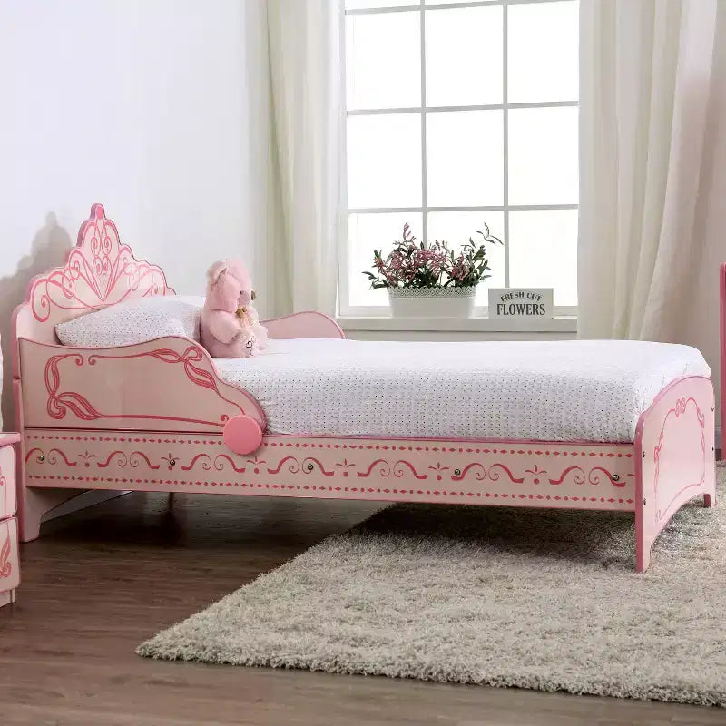 Princess Crown Twin Kids Bed, Pink, Decorative Scrollwork, Modern Kids Bedroom Furniture