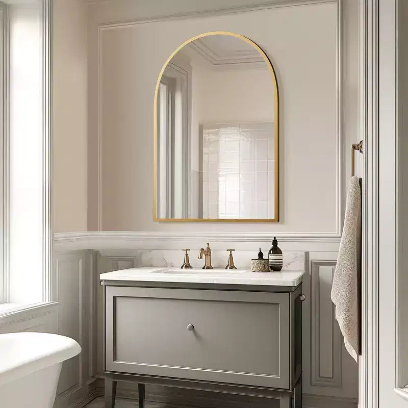 Gold-Colored Arch-Shaped Hanging Mirror with Thin Edge Aluminum Alloy, Right Angle, Double-Sided Installation