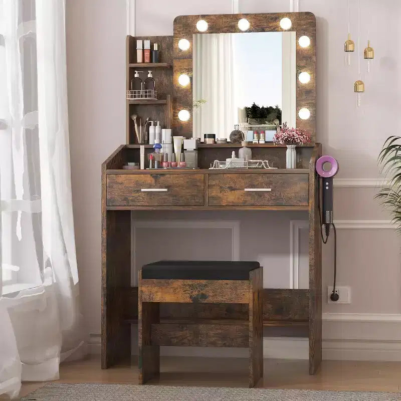 Coiffeuse avec miroir et lumières, prise de courant, 3 modes d'éclairage, 2 tiroirs, table de maquillage pour chambre à coucher