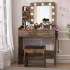 Coiffeuse avec miroir et lumières, prise de courant, 3 modes d'éclairage, 2 tiroirs, table de maquillage pour chambre à coucher