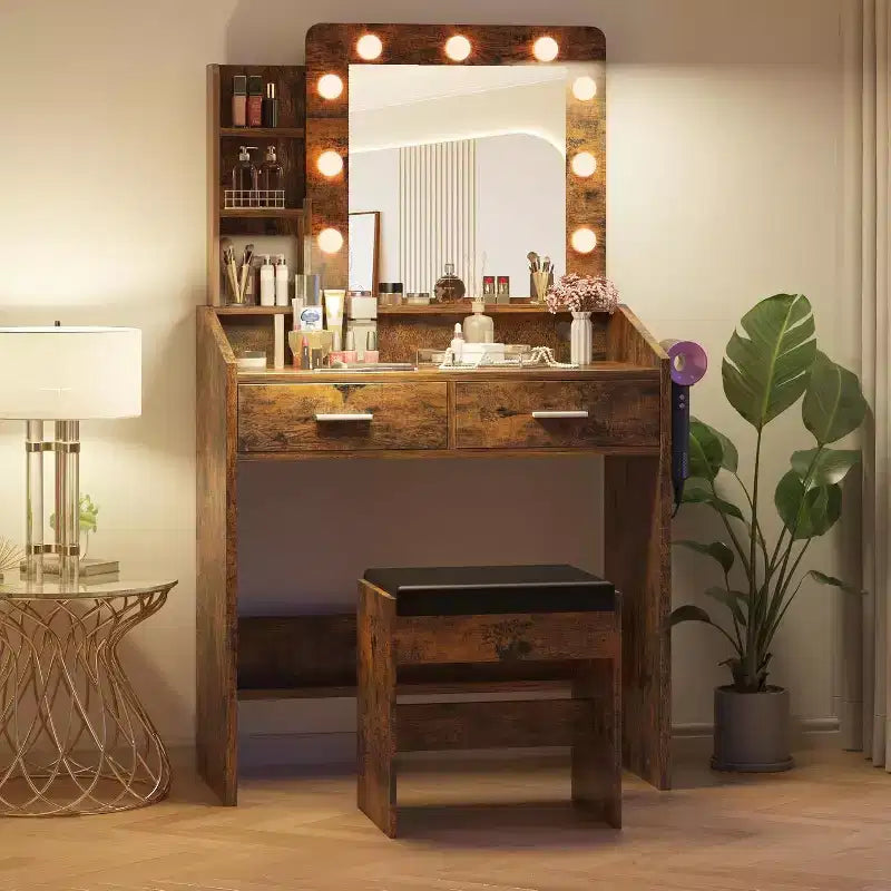 Coiffeuse avec miroir et lumières, prise de courant, 3 modes d'éclairage, 2 tiroirs, table de maquillage pour chambre à coucher