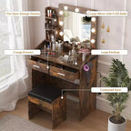 Coiffeuse avec miroir et lumières, prise de courant, 3 modes d'éclairage, 2 tiroirs, table de maquillage pour chambre à coucher
