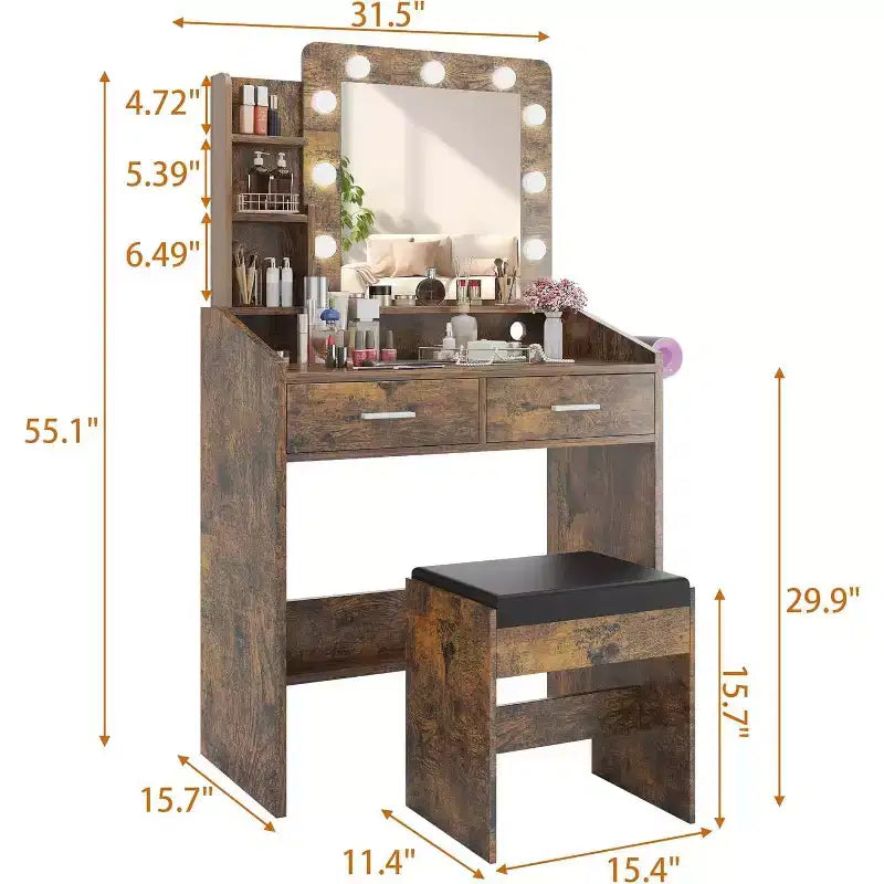 Coiffeuse avec miroir et lumières, prise de courant, 3 modes d'éclairage, 2 tiroirs, table de maquillage pour chambre à coucher