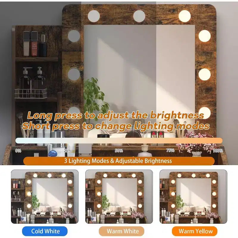 Coiffeuse avec miroir et lumières, prise de courant, 3 modes d'éclairage, 2 tiroirs, table de maquillage pour chambre à coucher