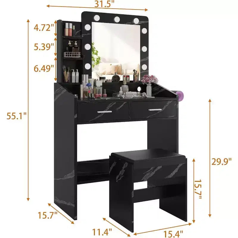 Coiffeuse avec miroir et lumières, prise de courant, 3 modes d'éclairage, 2 tiroirs, table de maquillage pour chambre à coucher