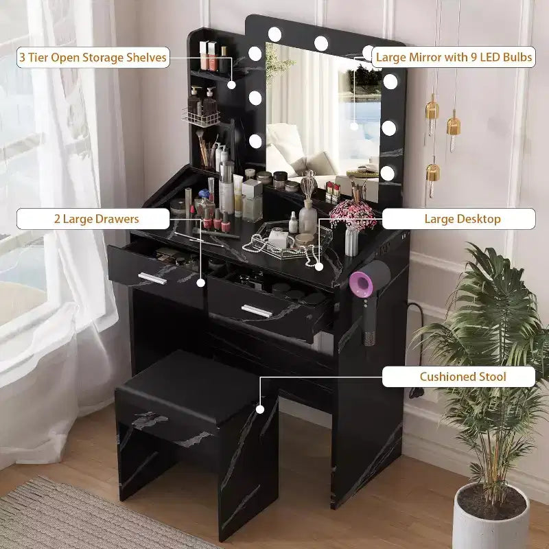 Coiffeuse avec miroir et lumières, prise de courant, 3 modes d'éclairage, 2 tiroirs, table de maquillage pour chambre à coucher