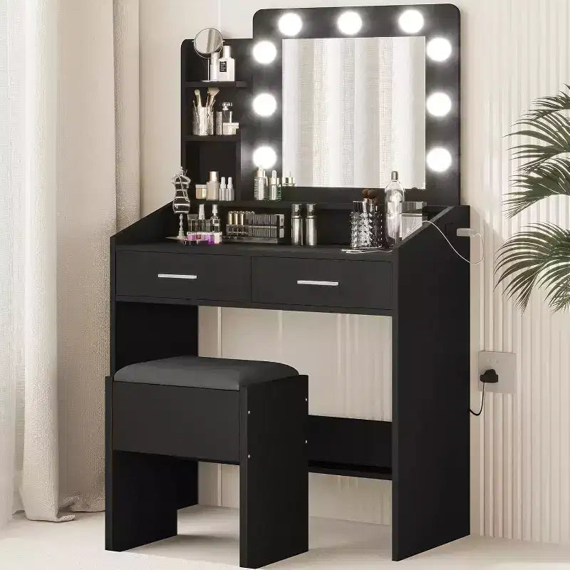 Vanity Desk with Mirror & Lights, Power Outlet, 3 Lighting Modes, 2 Drawers, Makeup Table for Bedroom