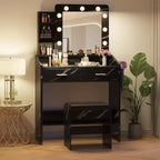 Coiffeuse avec miroir et lumières, prise de courant, 3 modes d'éclairage, 2 tiroirs, table de maquillage pour chambre à coucher