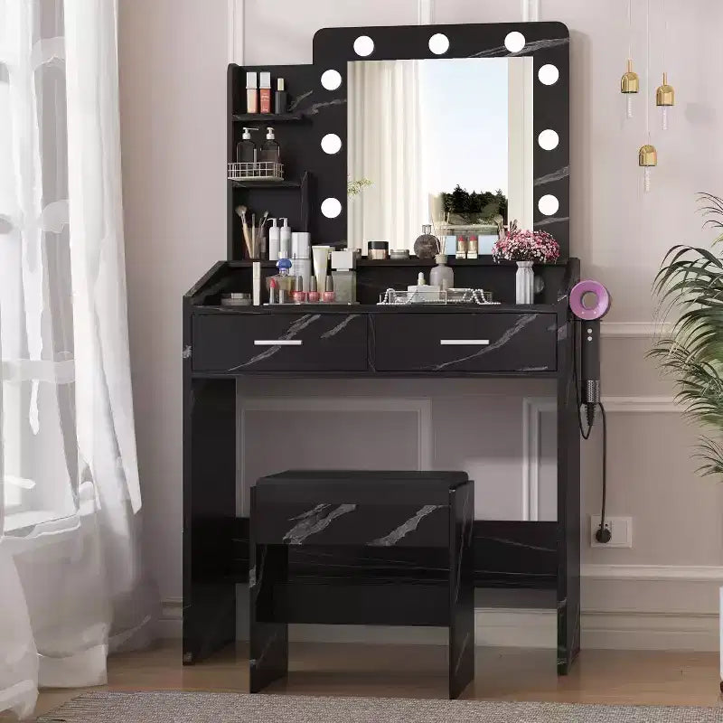 Coiffeuse avec miroir et lumières, prise de courant, 3 modes d'éclairage, 2 tiroirs, table de maquillage pour chambre à coucher