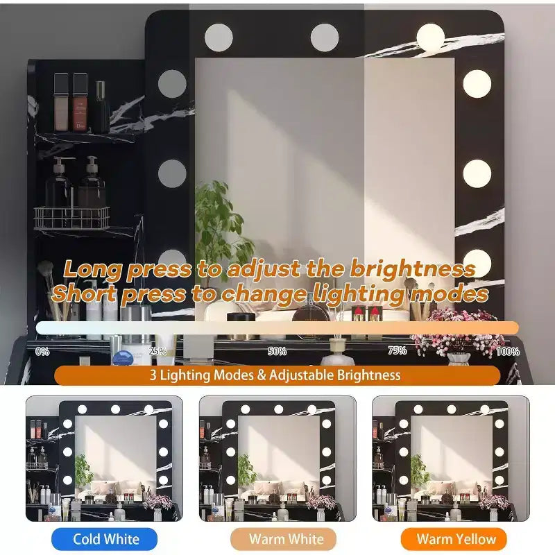 Coiffeuse avec miroir et lumières, prise de courant, 3 modes d'éclairage, 2 tiroirs, table de maquillage pour chambre à coucher