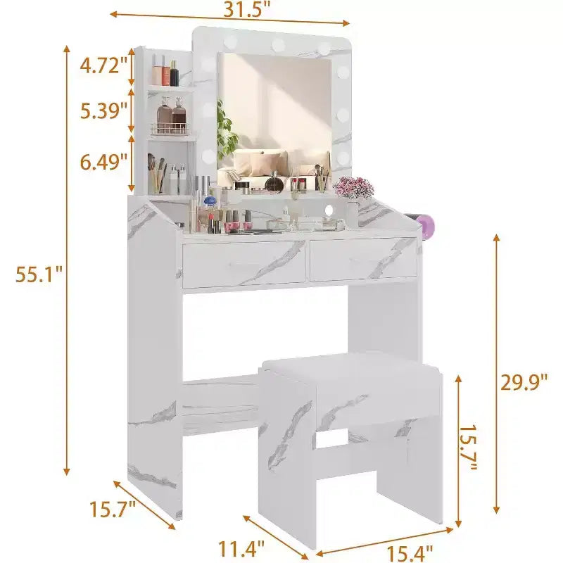 Coiffeuse avec miroir et lumières, prise de courant, 3 modes d'éclairage, 2 tiroirs, table de maquillage pour chambre à coucher
