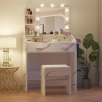 Coiffeuse avec miroir et lumières, prise de courant, 3 modes d'éclairage, 2 tiroirs, table de maquillage pour chambre à coucher