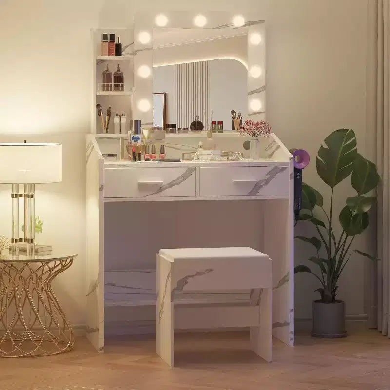 Coiffeuse avec miroir et lumières, prise de courant, 3 modes d'éclairage, 2 tiroirs, table de maquillage pour chambre à coucher