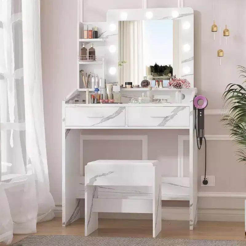 Coiffeuse avec miroir et lumières, prise de courant, 3 modes d'éclairage, 2 tiroirs, table de maquillage pour chambre à coucher