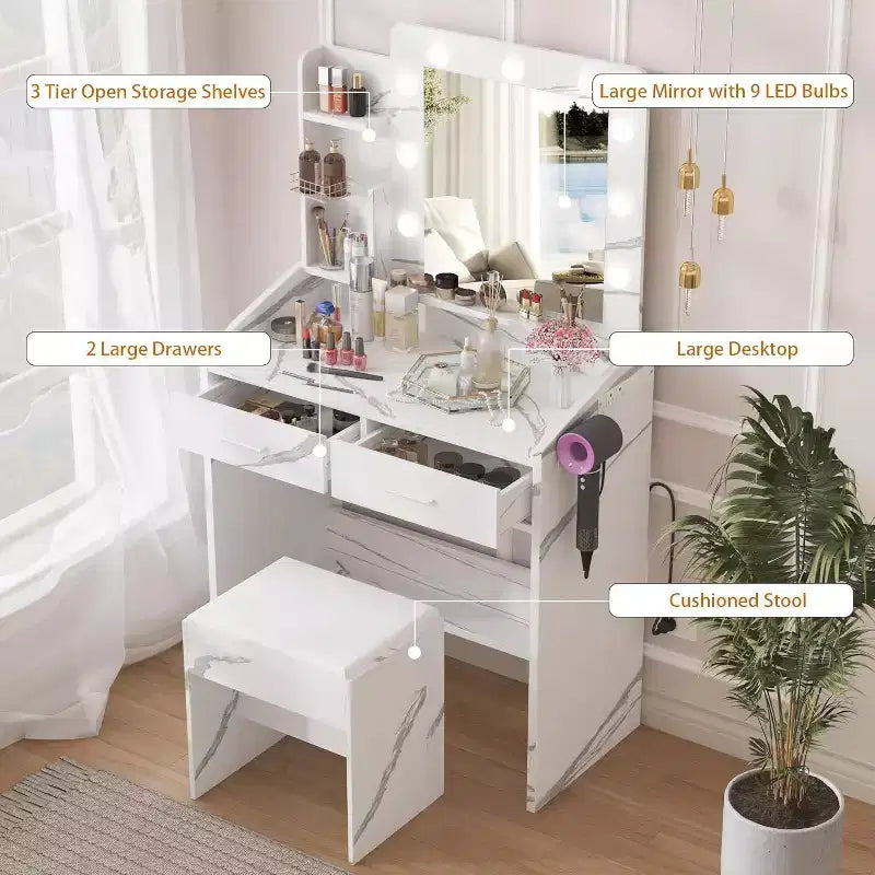 Coiffeuse avec miroir et lumières, prise de courant, 3 modes d'éclairage, 2 tiroirs, table de maquillage pour chambre à coucher