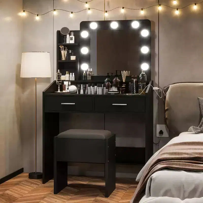 Coiffeuse avec miroir et lumières, prise de courant, 3 modes d'éclairage, 2 tiroirs, table de maquillage pour chambre à coucher