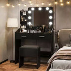 Coiffeuse avec miroir et lumières, prise de courant, 3 modes d'éclairage, 2 tiroirs, table de maquillage pour chambre à coucher