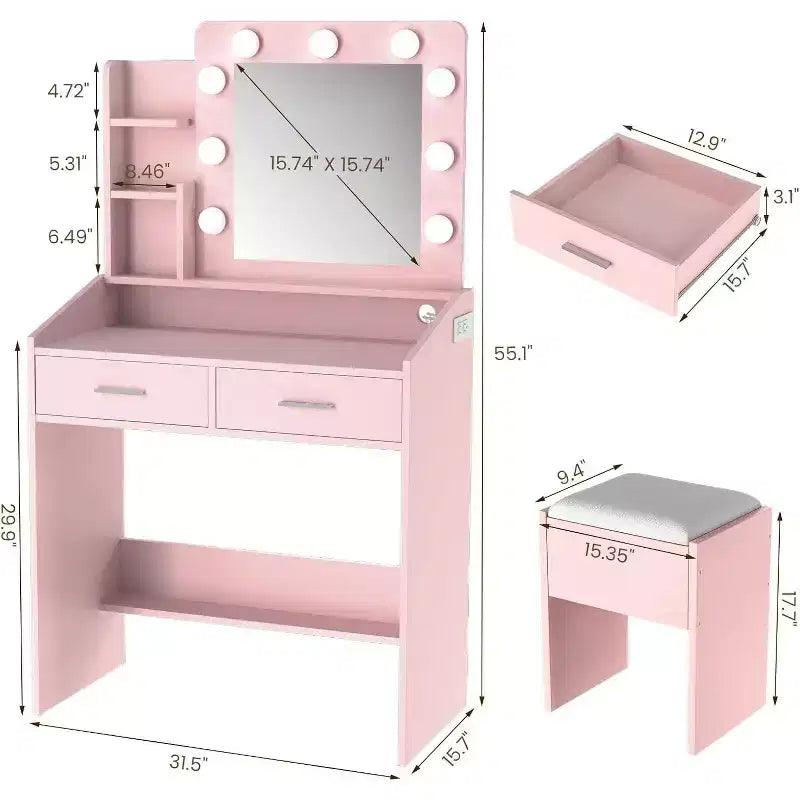Coiffeuse avec miroir et lumières, prise de courant, 3 modes d'éclairage, 2 tiroirs, table de maquillage pour chambre à coucher