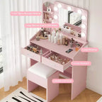Coiffeuse avec miroir et lumières, prise de courant, 3 modes d'éclairage, 2 tiroirs, table de maquillage pour chambre à coucher