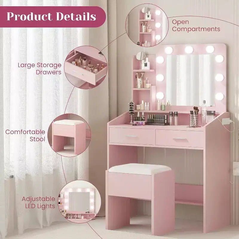 Coiffeuse avec miroir et lumières, prise de courant, 3 modes d'éclairage, 2 tiroirs, table de maquillage pour chambre à coucher