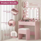 Coiffeuse avec miroir et lumières, prise de courant, 3 modes d'éclairage, 2 tiroirs, table de maquillage pour chambre à coucher