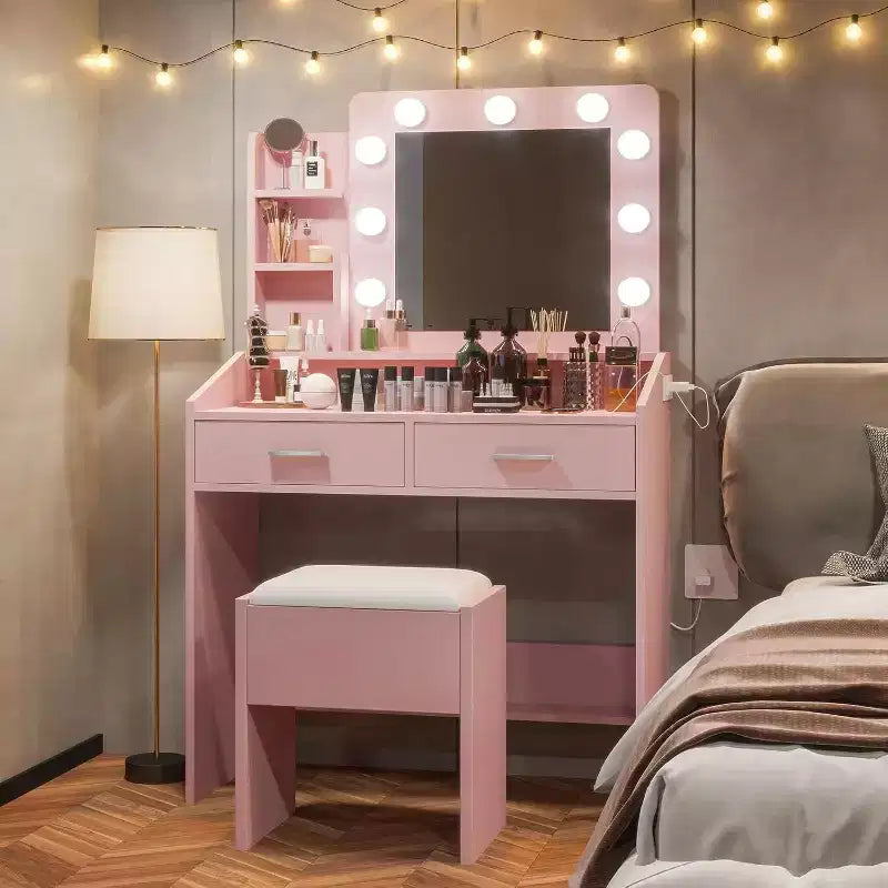 Coiffeuse avec miroir et lumières, prise de courant, 3 modes d'éclairage, 2 tiroirs, table de maquillage pour chambre à coucher