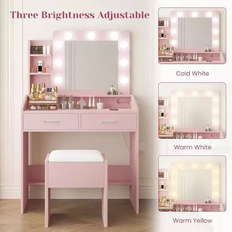 Coiffeuse avec miroir et lumières, prise de courant, 3 modes d'éclairage, 2 tiroirs, table de maquillage pour chambre à coucher