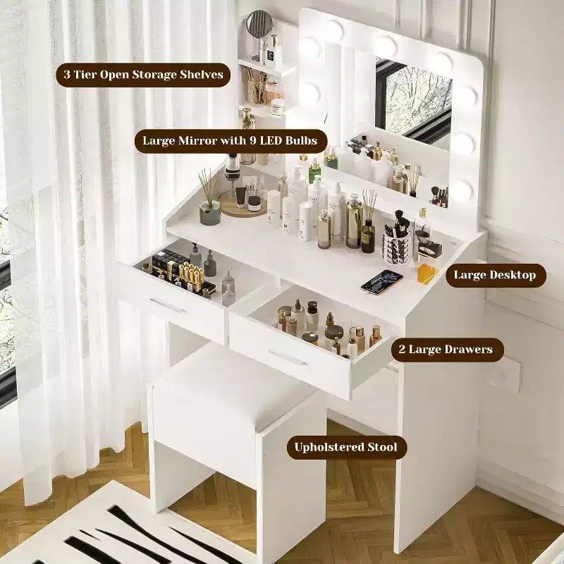Coiffeuse avec miroir et lumières, prise de courant, 3 modes d'éclairage, 2 tiroirs, table de maquillage pour chambre à coucher
