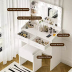 Coiffeuse avec miroir et lumières, prise de courant, 3 modes d'éclairage, 2 tiroirs, table de maquillage pour chambre à coucher