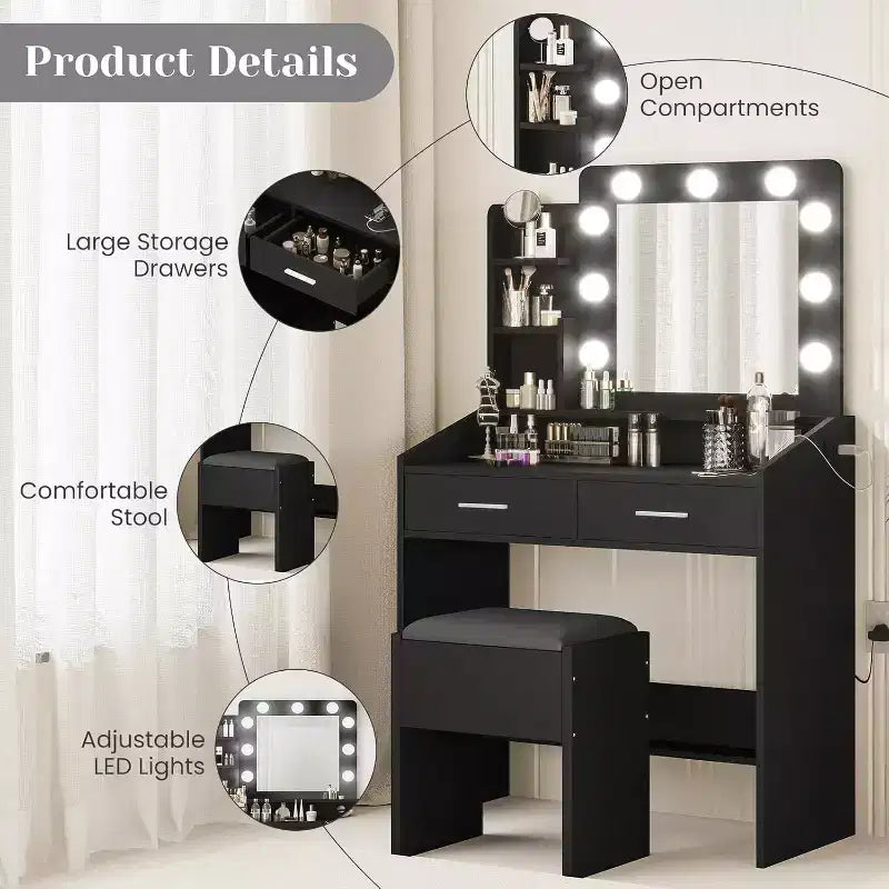 Coiffeuse avec miroir et lumières, prise de courant, 3 modes d'éclairage, 2 tiroirs, table de maquillage pour chambre à coucher