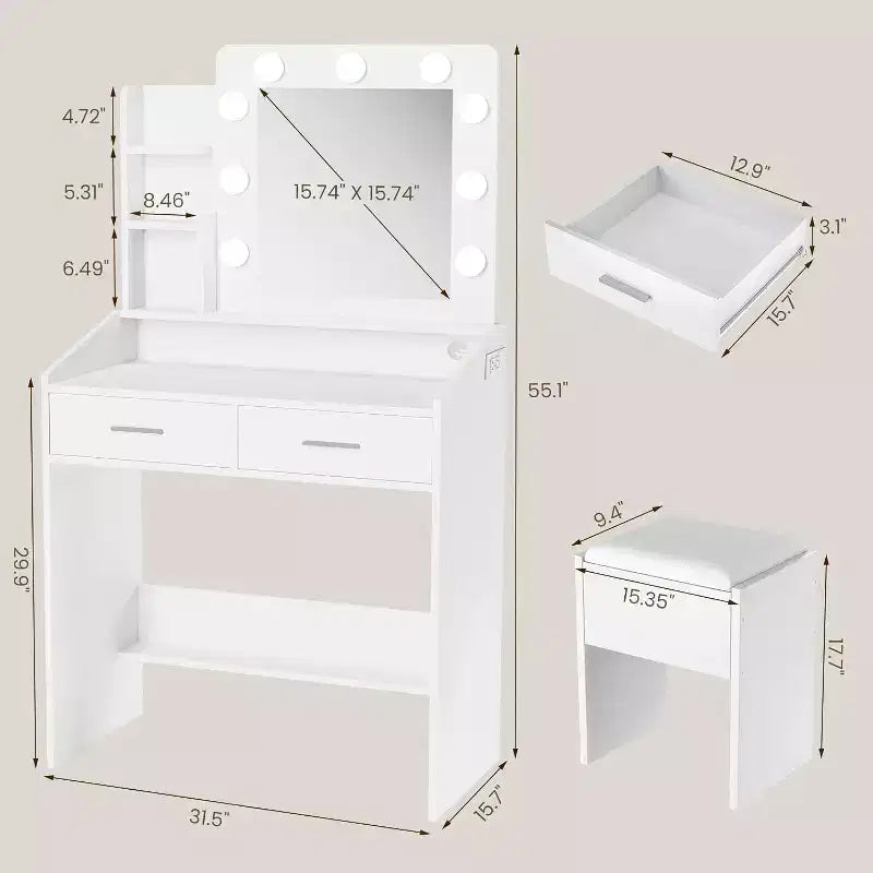 Coiffeuse avec miroir et lumières, prise de courant, 3 modes d'éclairage, 2 tiroirs, table de maquillage pour chambre à coucher
