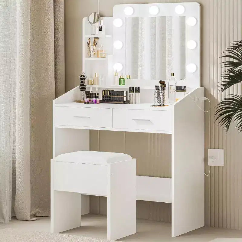 Coiffeuse avec miroir et lumières, prise de courant, 3 modes d'éclairage, 2 tiroirs, table de maquillage pour chambre à coucher