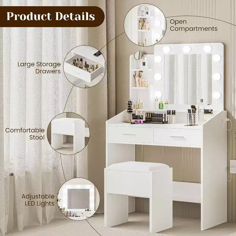 Coiffeuse avec miroir et lumières, prise de courant, 3 modes d'éclairage, 2 tiroirs, table de maquillage pour chambre à coucher