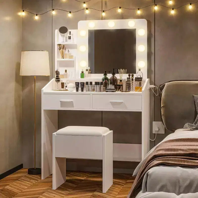 Coiffeuse avec miroir et lumières, prise de courant, 3 modes d'éclairage, 2 tiroirs, table de maquillage pour chambre à coucher