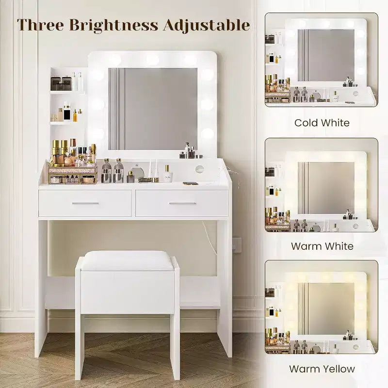 Coiffeuse avec miroir et lumières, prise de courant, 3 modes d'éclairage, 2 tiroirs, table de maquillage pour chambre à coucher