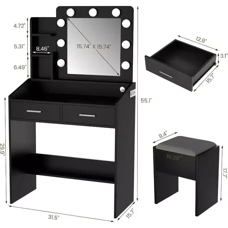 Coiffeuse avec miroir et lumières, prise de courant, 3 modes d'éclairage, 2 tiroirs, table de maquillage pour chambre à coucher
