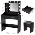 Coiffeuse avec miroir et lumières, prise de courant, 3 modes d'éclairage, 2 tiroirs, table de maquillage pour chambre à coucher