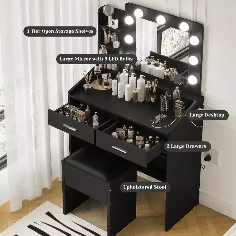 Coiffeuse avec miroir et lumières, prise de courant, 3 modes d'éclairage, 2 tiroirs, table de maquillage pour chambre à coucher