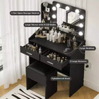 Coiffeuse avec miroir et lumières, prise de courant, 3 modes d'éclairage, 2 tiroirs, table de maquillage pour chambre à coucher