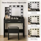 Coiffeuse avec miroir et lumières, prise de courant, 3 modes d'éclairage, 2 tiroirs, table de maquillage pour chambre à coucher