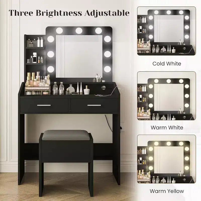 Coiffeuse avec miroir et lumières, prise de courant, 3 modes d'éclairage, 2 tiroirs, table de maquillage pour chambre à coucher