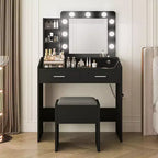 Acekool Vanity Desk with Mirror & Lights, Power Outlet, 3 Lighting Modes, 2 Drawers, Makeup Table for Bedroom