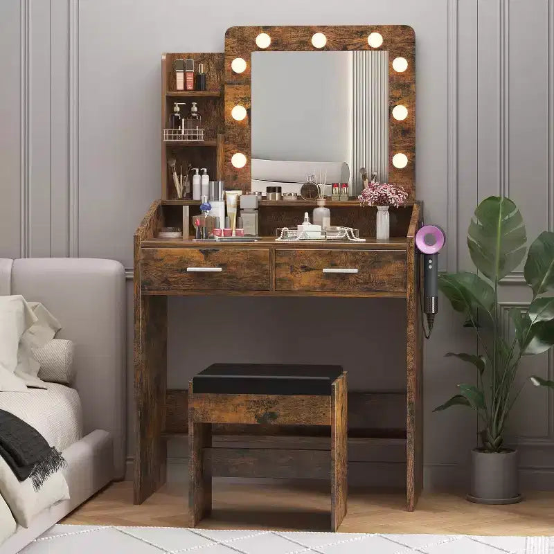 Vanity Desk with Mirror & Lights, Power Outlet, 3 Lighting Modes, 2 Drawers, Makeup Table for Bedroom