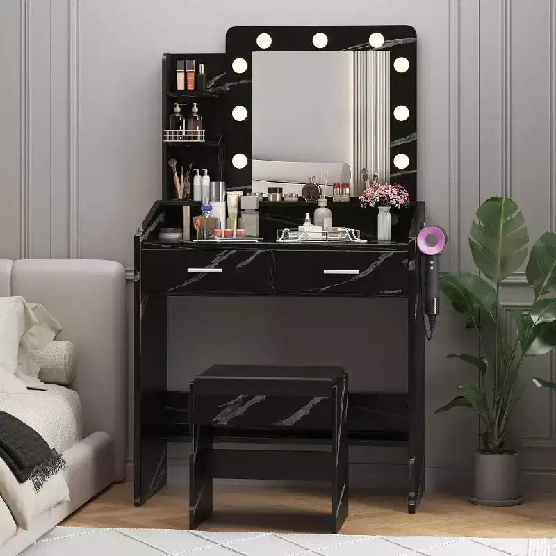 Vanity Desk with Mirror & Lights, Power Outlet, 3 Lighting Modes, 2 Drawers, Makeup Table for Bedroom