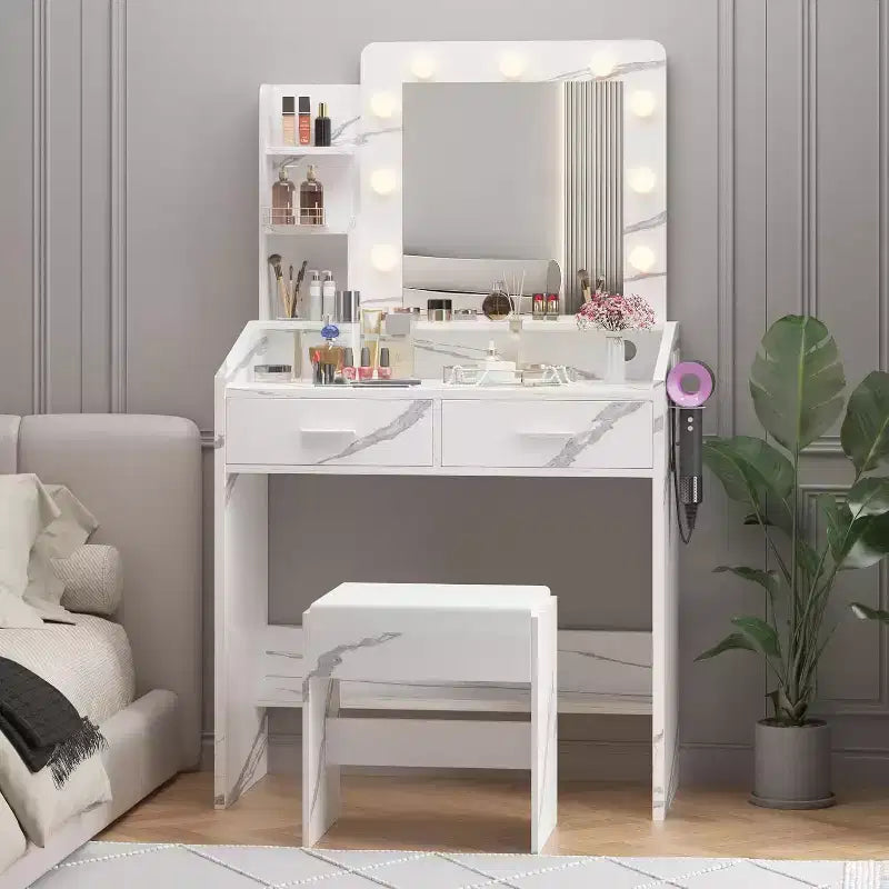 Vanity Desk with Mirror & Lights, Power Outlet, 3 Lighting Modes, 2 Drawers, Makeup Table for Bedroom