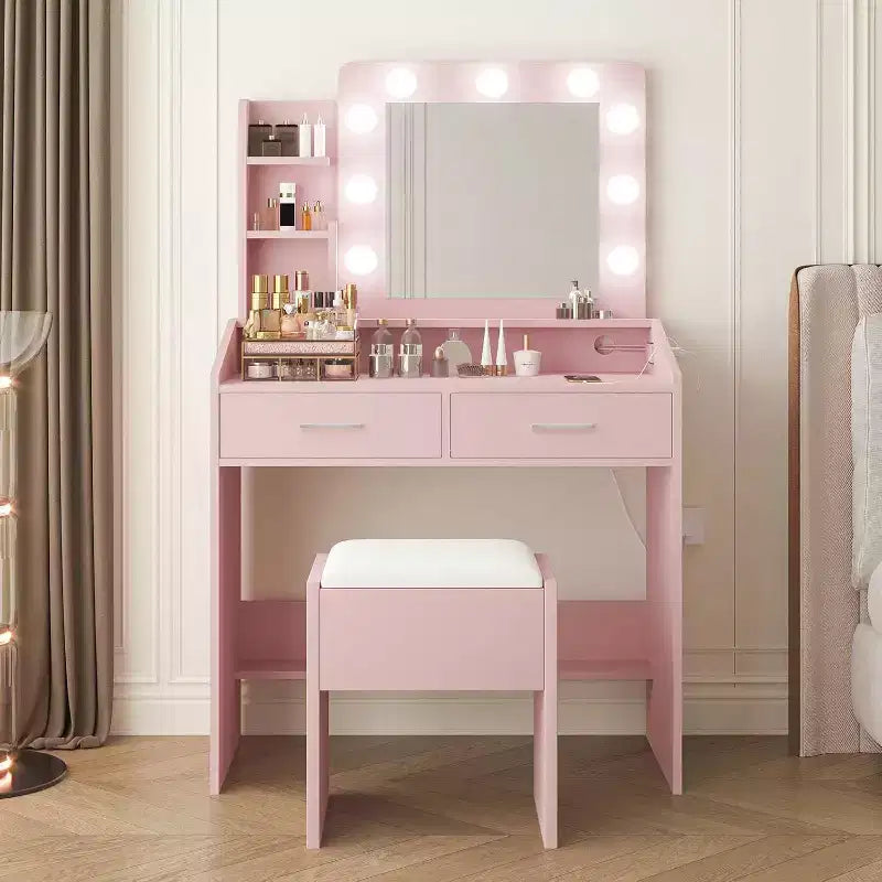 Vanity Desk with Mirror & Lights, Power Outlet, 3 Lighting Modes, 2 Drawers, Makeup Table for Bedroom