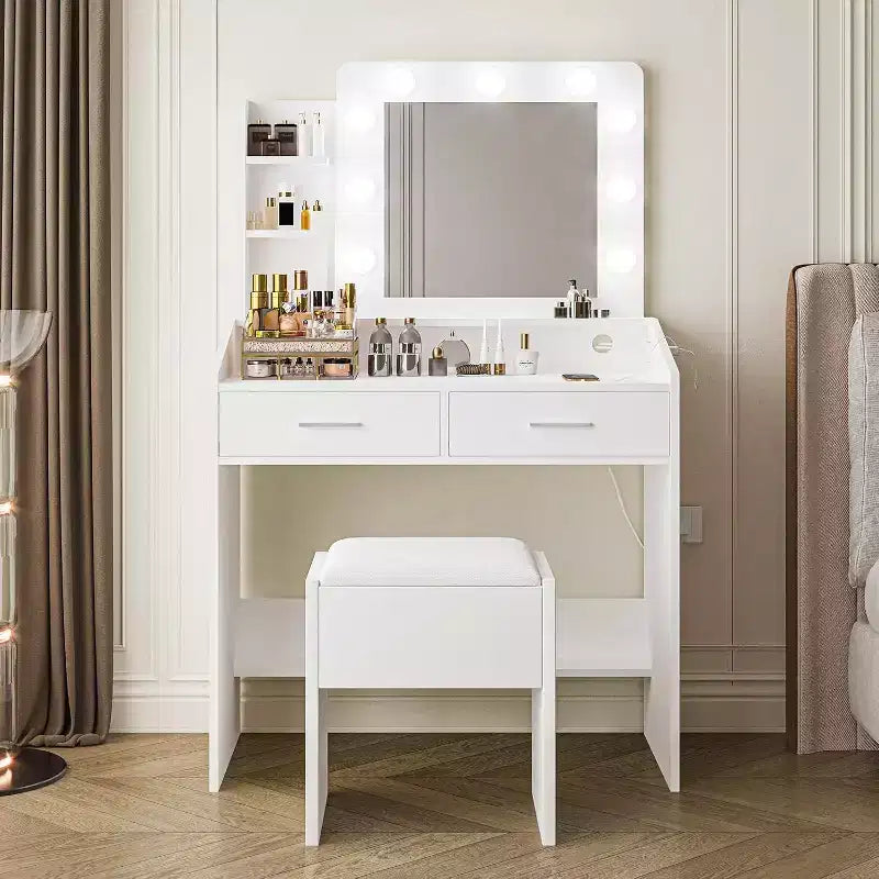 Vanity Desk with Mirror & Lights, Power Outlet, 3 Lighting Modes, 2 Drawers, Makeup Table for Bedroom