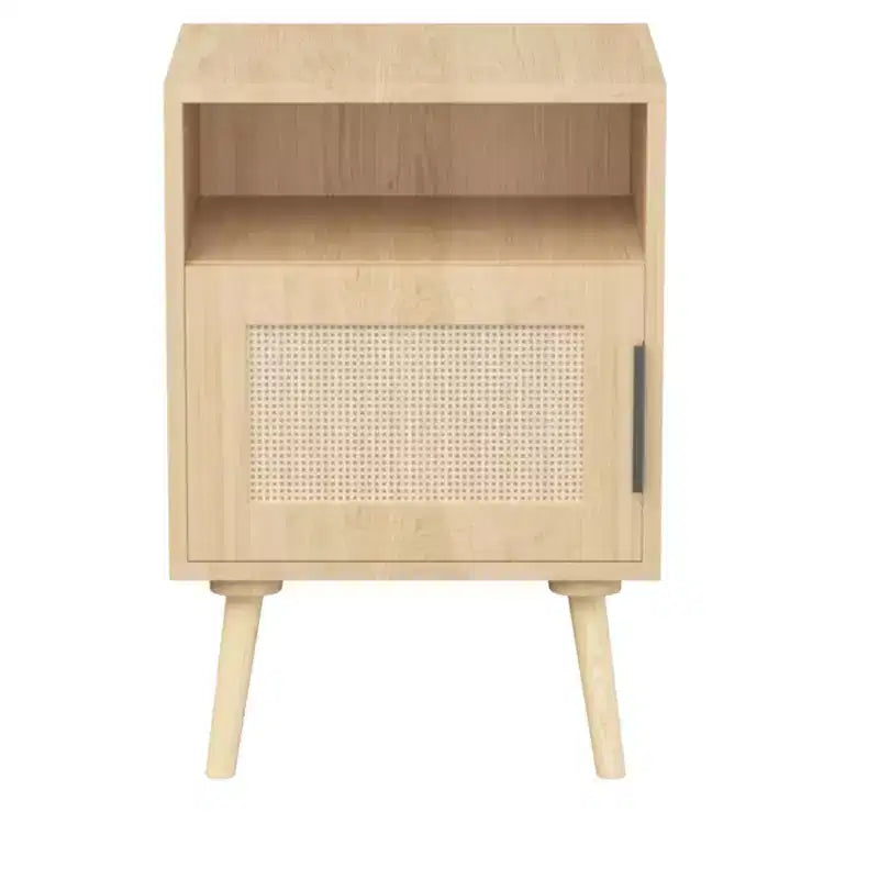Table de chevet en rotin et bois, table d'appoint avec étagère ouverte, esthétique moderne et naturelle