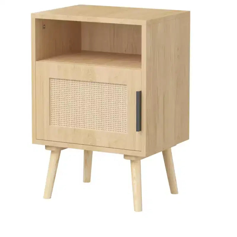 Table de chevet en rotin et bois, table d'appoint avec étagère ouverte, esthétique moderne et naturelle