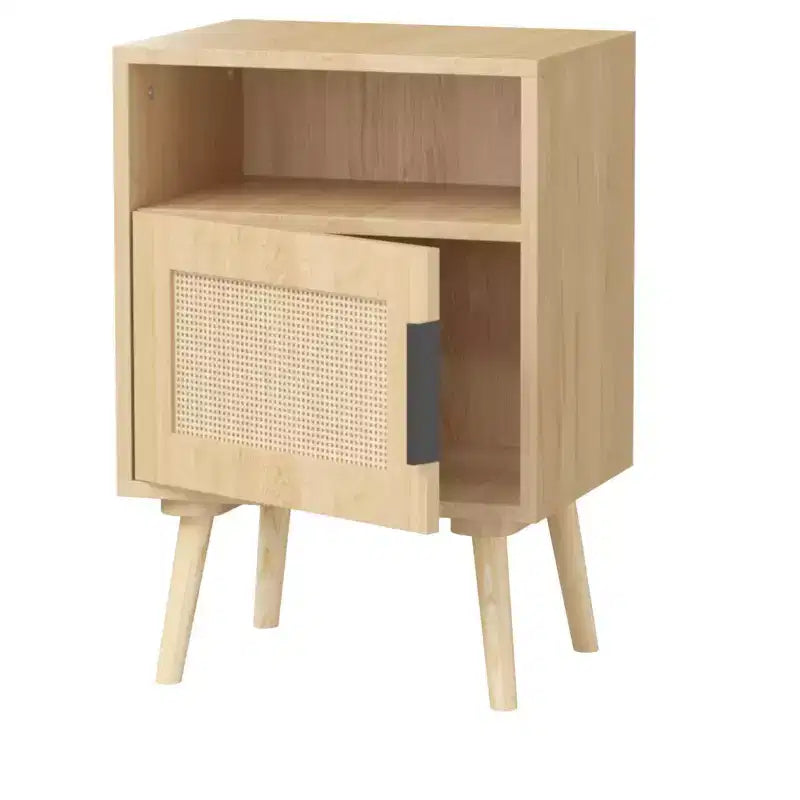 Table de chevet en rotin et bois, table d'appoint avec étagère ouverte, esthétique moderne et naturelle